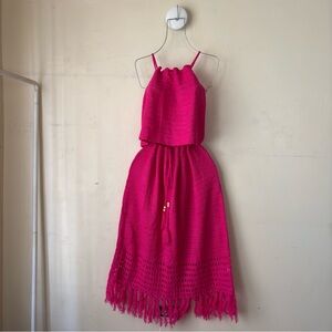 Knit Halter Top & Midi Skirt Set with Fringe Accents Swim Cover in Hot Pink